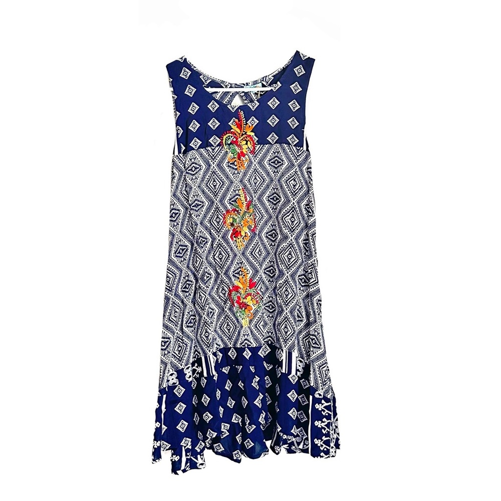 Nostalgia Nordstrom Rack Blue Ivory Geometric Abstract Embroidered Shift Dress
